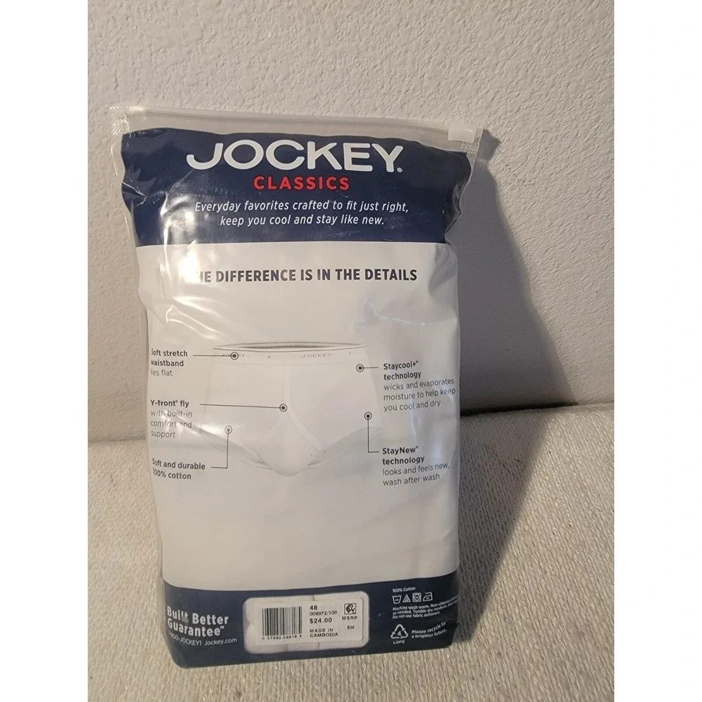 Jockey Classics BIG MAN 2 Pc Pack Full Rise Briefs Size 48 White 100% Cotton NEW